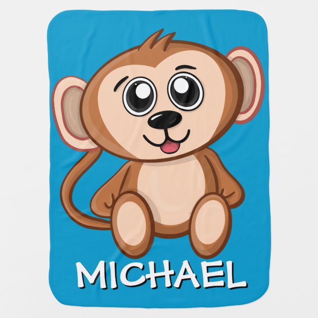 Cute Safari Monkey Blue Cartoon Jungle Name Boy Baby Blanket (Front)