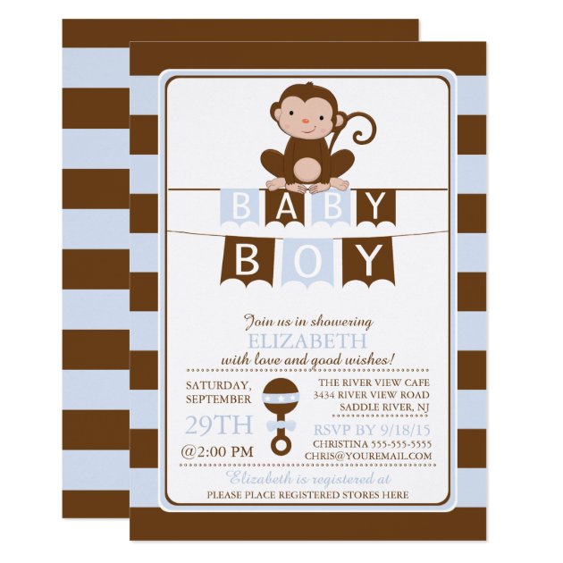 Cute Safari Monkey Boys Baby Shower Invitation