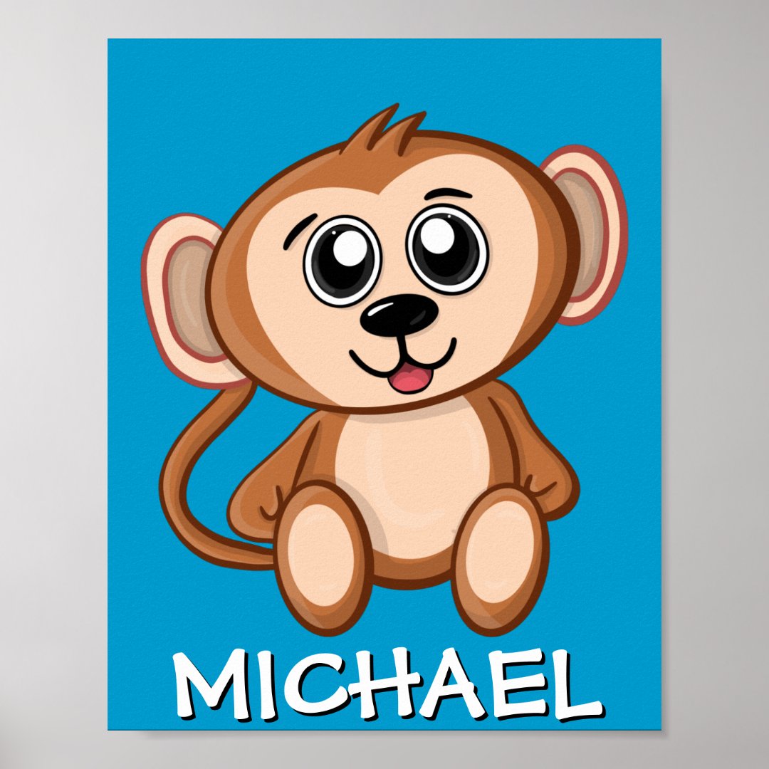 Cute Safari Monkey Cartoon Jungle Name Blue Poster Zazzle
