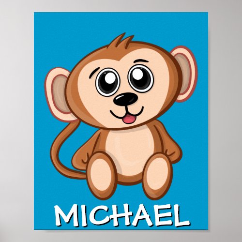 Cute Safari Monkey Cartoon Jungle Name Blue Poster