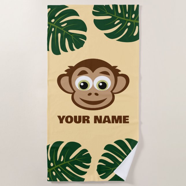 Cute safari monkey cartoon personalized kid's beach towel (Front)