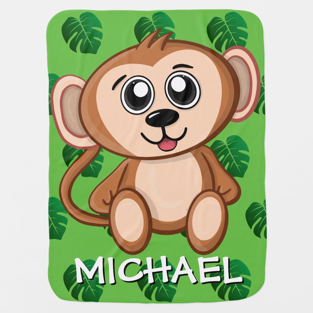 Cute Safari Monkey Green Cartoon Jungle Name Baby Blanket Zazzle