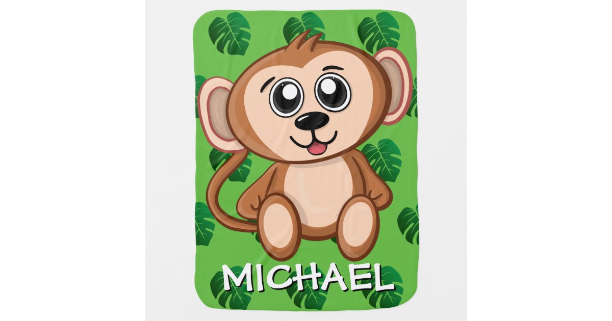 Cute Safari Monkey Green Cartoon Jungle Name Baby Blanket | Zazzle
