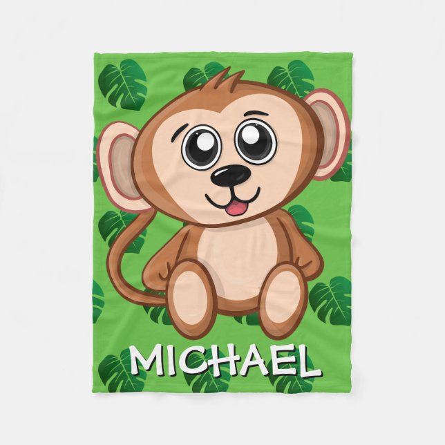 Cute Safari Monkey Green Cartoon Jungle Name Fleece Blanket (Front)