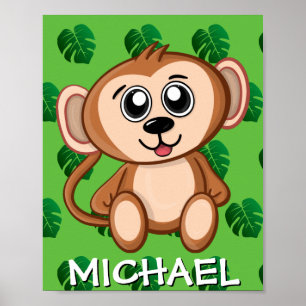 Cute Safari Monkey Green Cartoon Jungle Name Zoo Poster