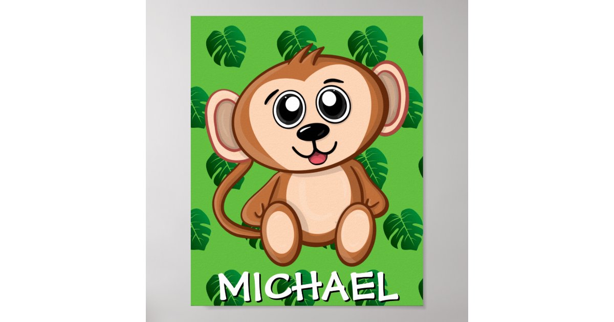 Cute Safari Monkey Green Cartoon Jungle Name Zoo Poster Zazzle