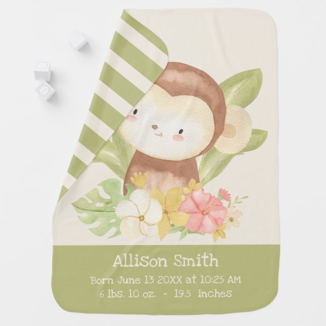 Cute Safari Monkey Green Stripes Birth Stats  Baby Blanket (In Situ)