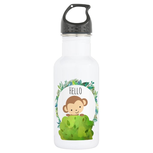 Cute Safari Monkey Hello Water Bottle (Front)