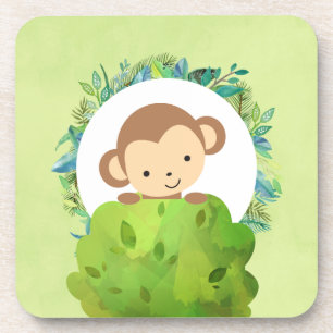 Cute Safari Monkey with Tropical Leaves Drink Coaster