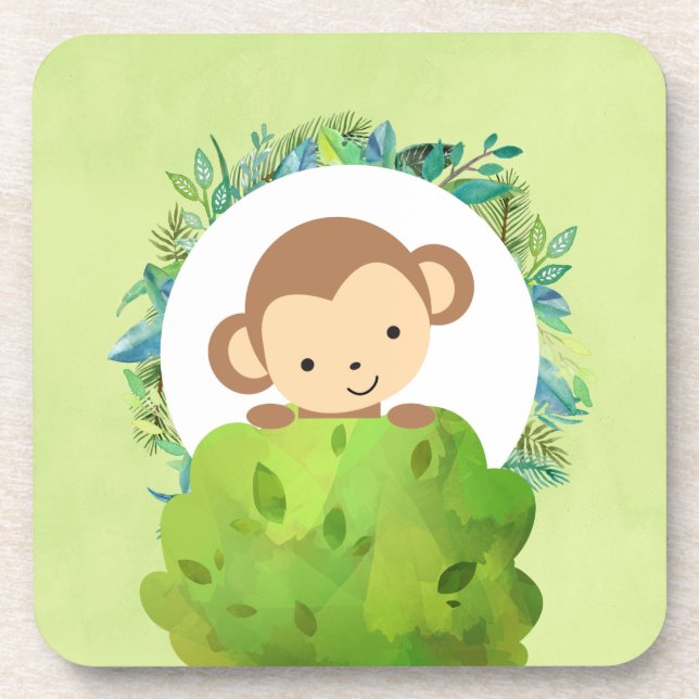 Cute Safari Monkey with Tropical Leaves Drink Coaster (Front)