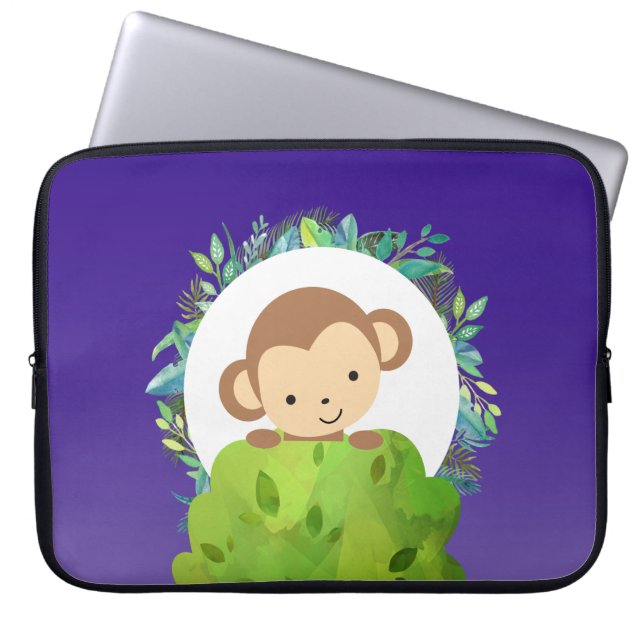 Cute Safari Monkey with Tropical Leaves Laptop Sleeve (Front)
