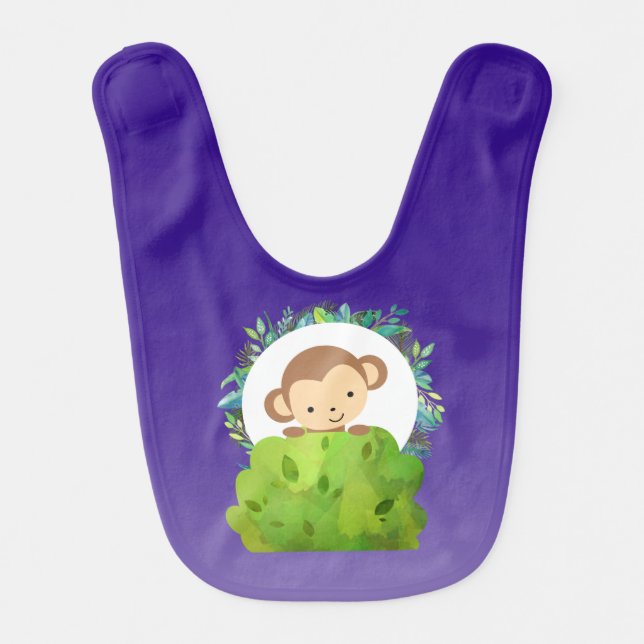 Cute Safari Monkey with Tropical Leaves on Purple Bib (Front)