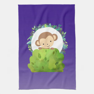 Cute Safari Monkey with Tropical Leaves on Purple Towel