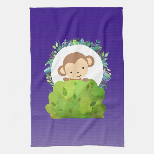 Cute Safari Monkey with Tropical Leaves on Purple Towel (Vertical)