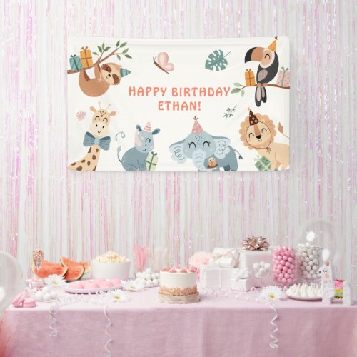 Cute Safari Party Animals Kids Birthday Banner