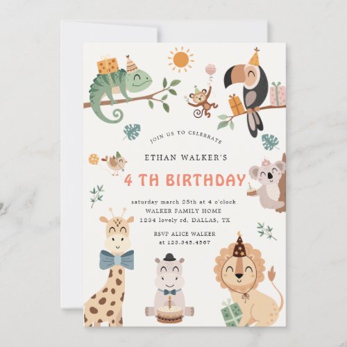 Cute Safari Party Animals Kids Birthday Invitation