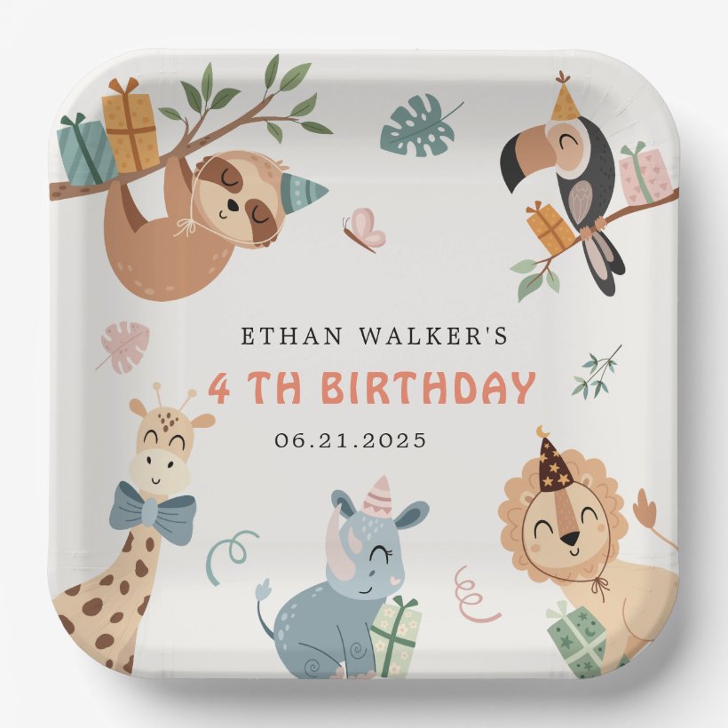 Cute Safari Party Animals Kids Birthday Paper Plates (Front)