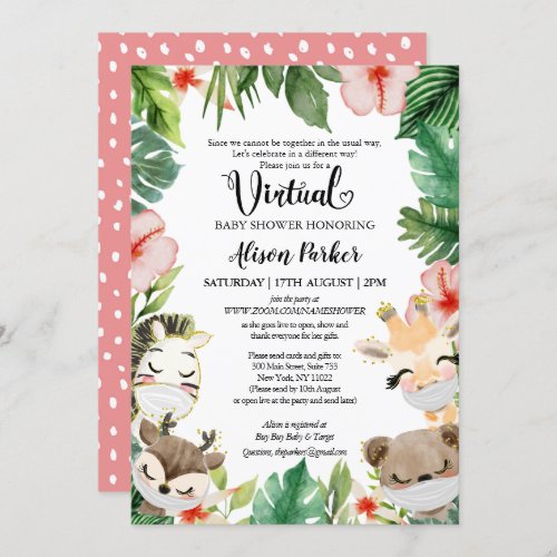 Cute Safari Pink Floral Greenery Baby Girl Virtual Invitation