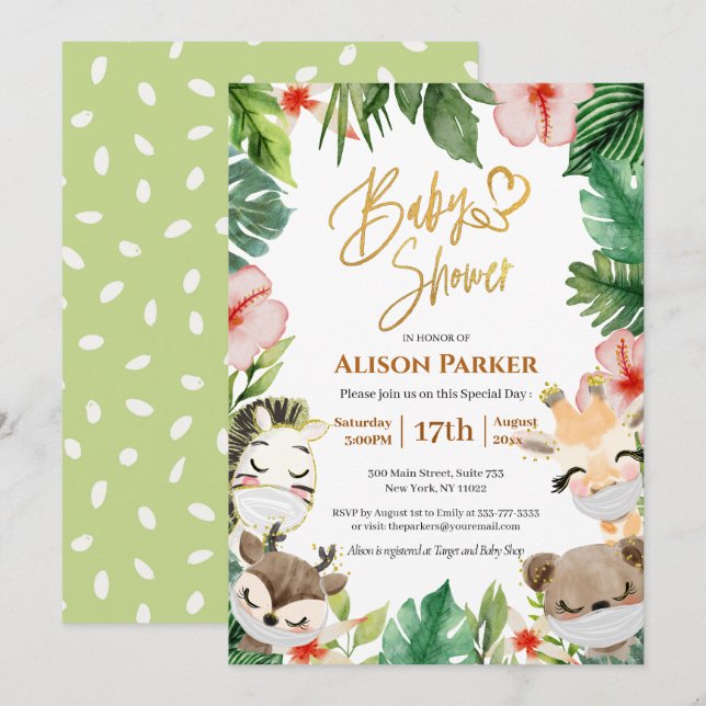 Cute Safari Pink Floral Greenery Baby Shower Invitation (Front/Back)