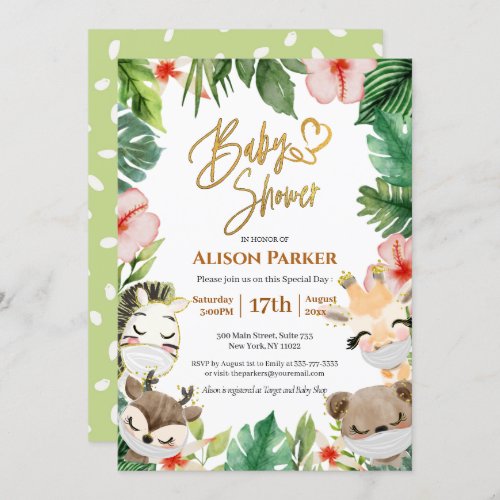 Cute Safari Pink Floral Greenery Baby Shower Invitation