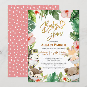 Cute Safari Pink Floral Greenery Baby Shower Invitation