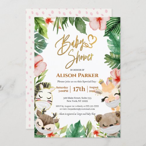 Cute Safari Pink Floral Greenery Baby Shower Invitation