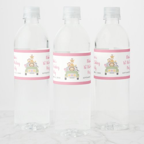 Cute Safari Pink Girls 1st Birthday Party Water Bottle Label