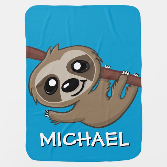 Cute Safari Sloth Blue Cartoon Jungle Name Boy Baby Blanket (Front)