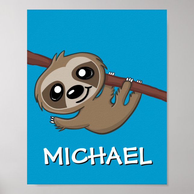 Cute Safari Sloth Cartoon Jungle Name Blue Zoo Poster (Front)