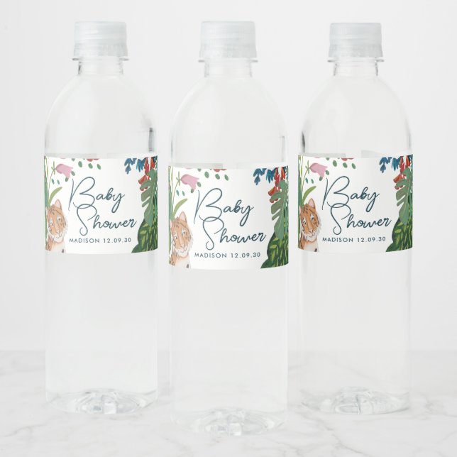 Cute Safari Tiger Jungle New Baby Shower    Water Bottle Label (Bottles)