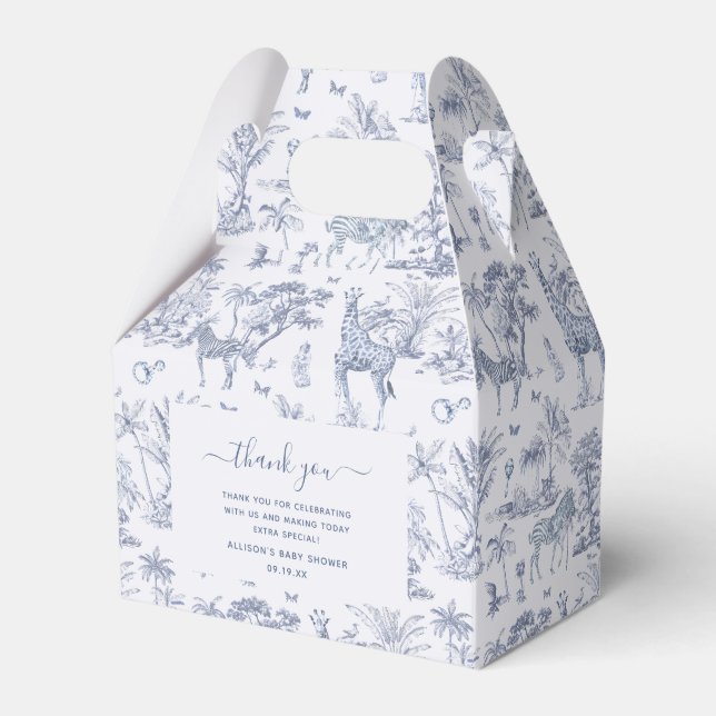 Cute Safari Toile de Jouy | Blue Baby Shower Favor Boxes (Front Side)