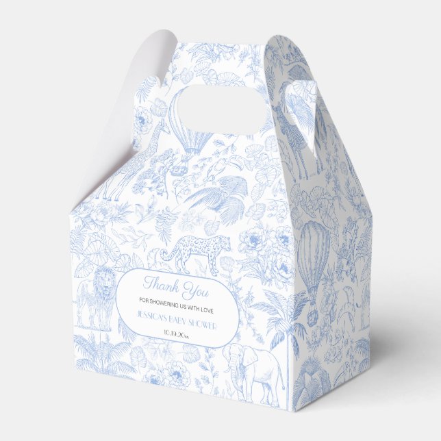 Cute Safari Toile de Jouy Blue Baby Shower Favor Favor Boxes (Front Side)