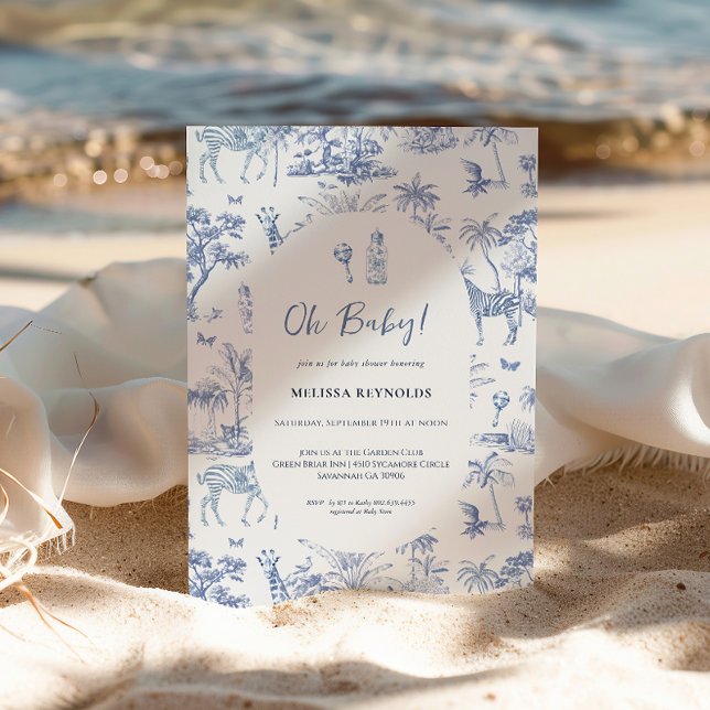 Cute Safari Toile de Jouy | Blue Baby Shower Invitation (Creator Uploaded)