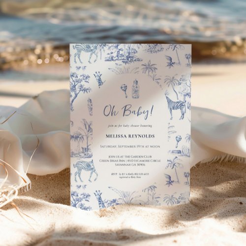 Cute Safari Toile de Jouy  Blue Baby Shower Invitation