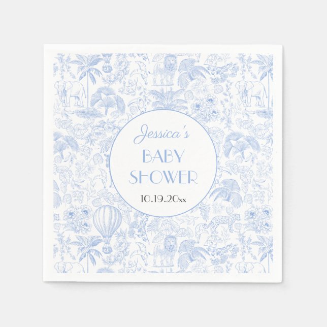 Cute Safari Toile de Jouy Blue Baby Shower Paper Napkins (Front)