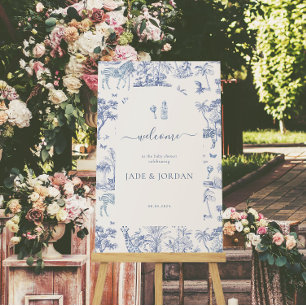 Cute Safari Toile de Jouy Blue Baby Shower Poster