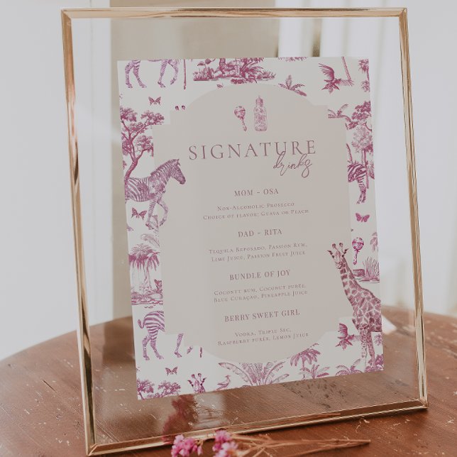 Cute Safari Toile de Jouy | Pink Baby Shower Drink Poster (Creator Uploaded)