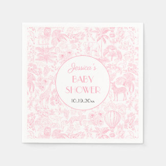Cute Safari Toile de Jouy Pink Baby Shower Paper Napkins