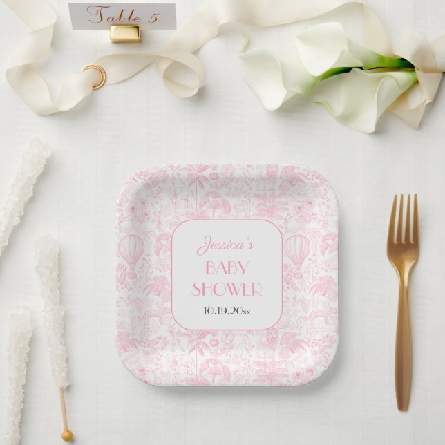 Cute Safari Toile de Jouy Pink Baby Shower Paper Plates (Wedding)