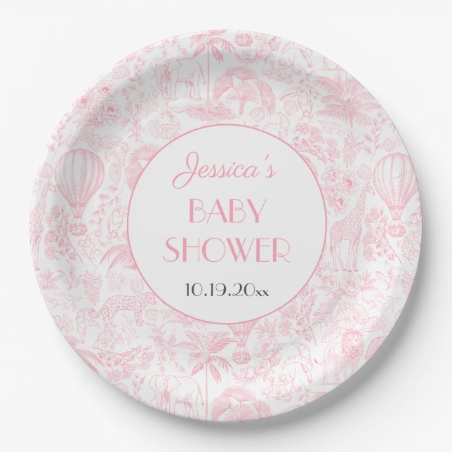 Cute Safari Toile de Jouy Pink Baby Shower Paper Plates (Front)