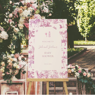 Cute Safari Toile de Jouy Pink Baby Shower Poster