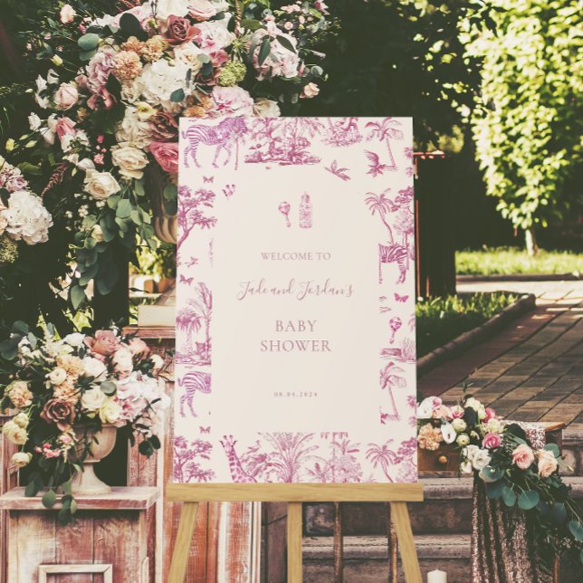 Cute Safari Toile de Jouy | Pink Baby Shower  Poster (Creator Uploaded)