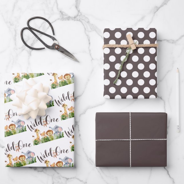 Cute Safari Watercolor Birthday Wrapping Paper Sheets (Front)