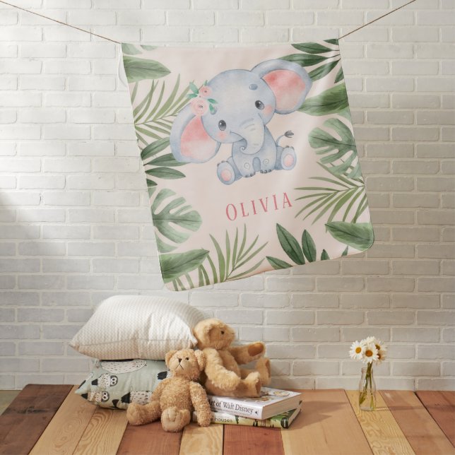 Cute Safari Watercolor Elephant Girl Custom Baby Blanket (In Situ)