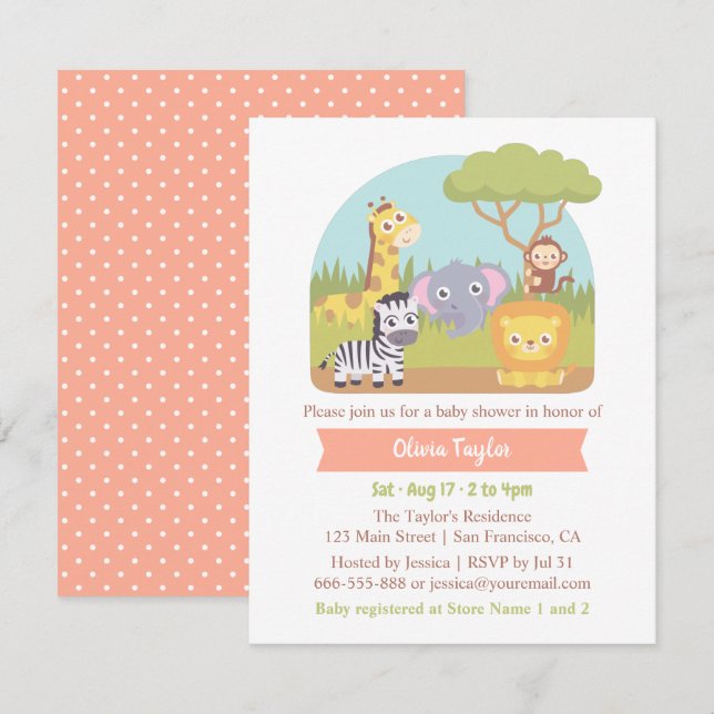 Cute Safari Wild Animals Baby Shower Invitation (Front/Back)