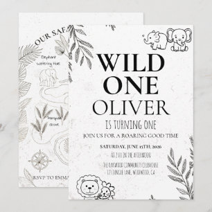 Cute Safari Wild One 1st Birthday Map Party Invitation
