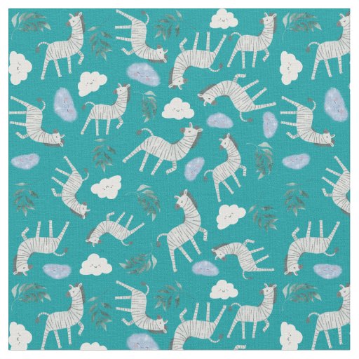 Cute safari zebra horses jungle animals blue fabric