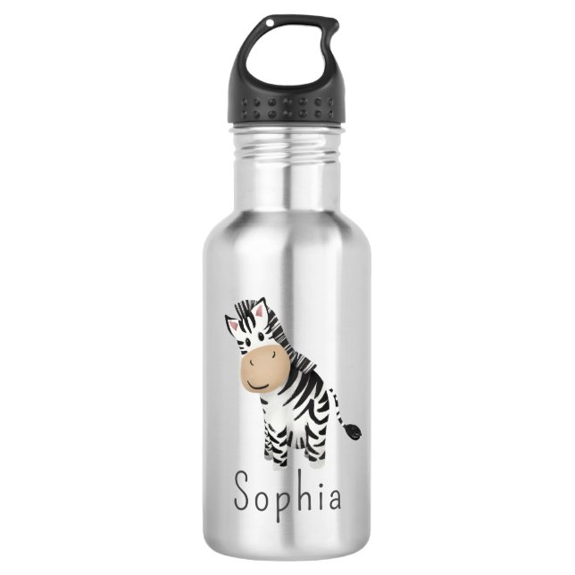 Cute Safari Zebra Kids School Stainless Steel Water Bottle (Front)