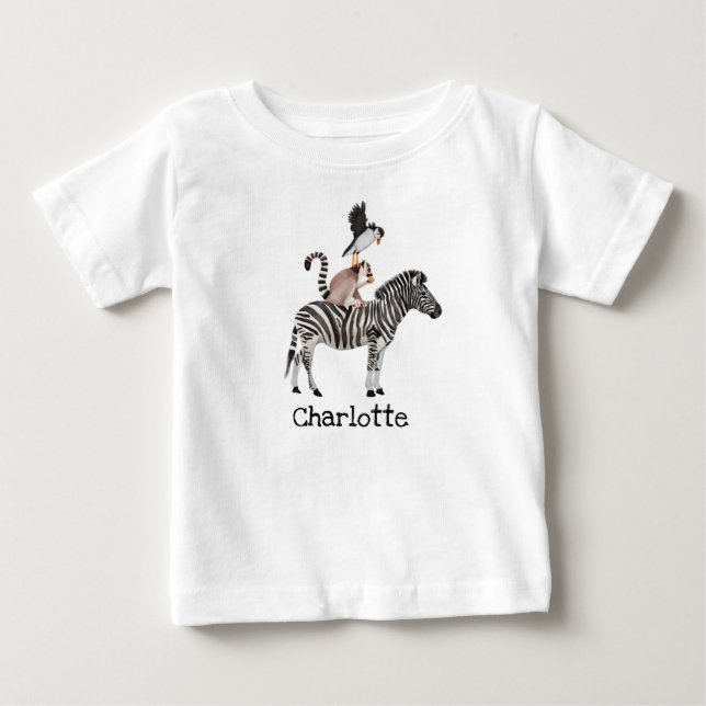 Cute Safari Zebra Lemur Puffin Animals With Name Baby T-Shirt (Front)