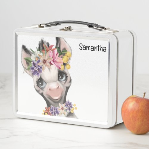 Cute safari zebra wild animal kids watercolor metal lunch box